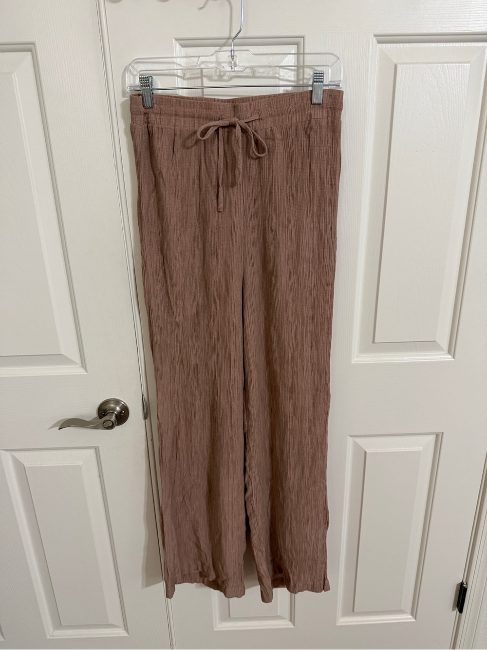 Lulus M Taupe Crinkle Wide Leg Pants Drawstring Elastic Waist Lined Boho